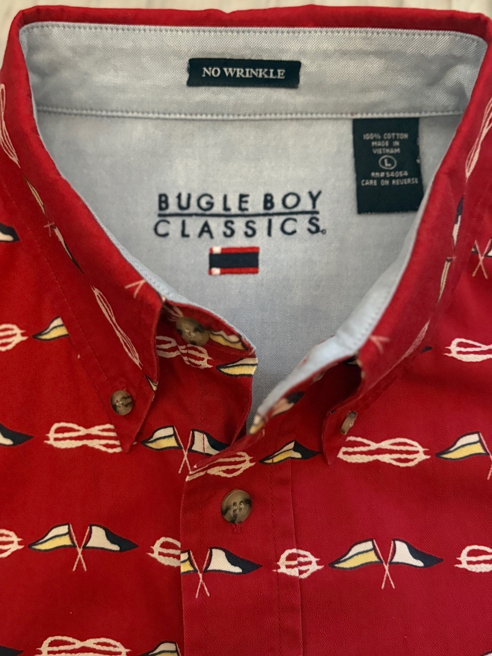 Vintage 90s Bugle Boy Classics Red Flag Novelty Print Button Down Shirt Men's Lg